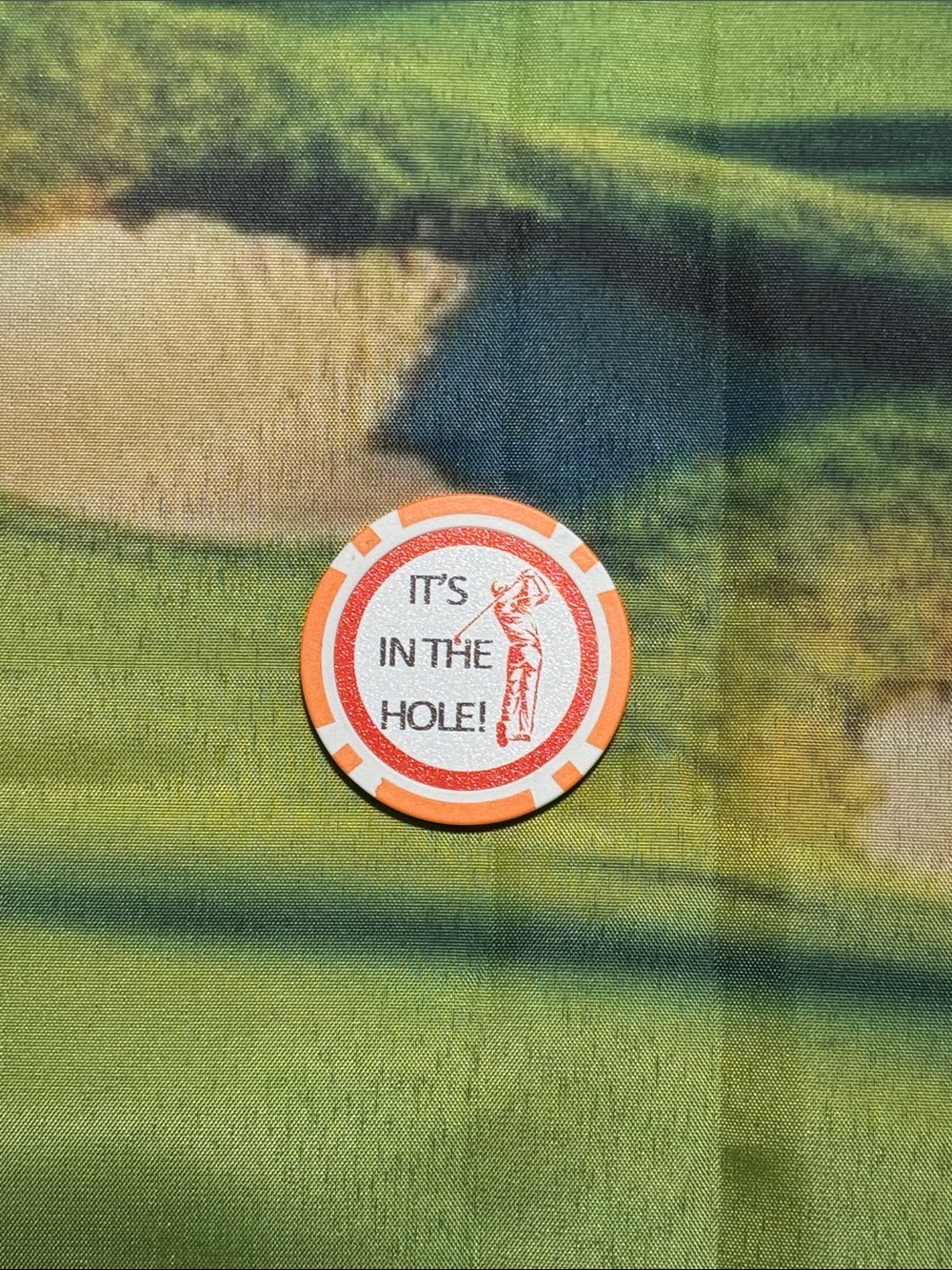 Poker Chip Golf Ball Marker Token - Orange & White "It's In The Hole!"